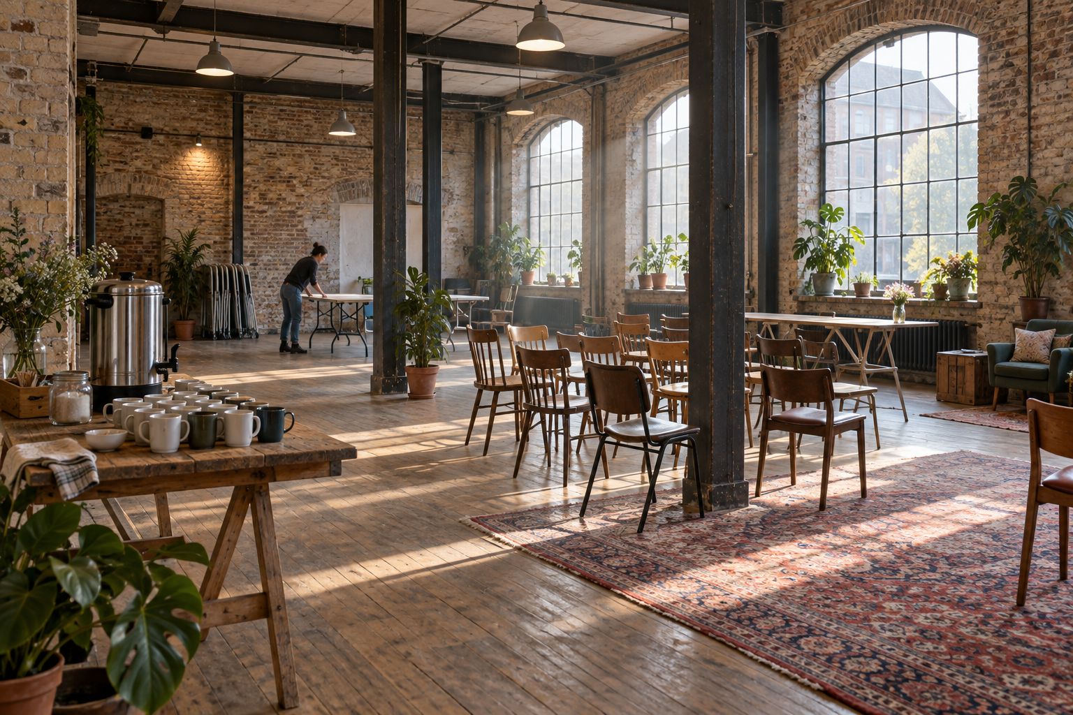 Our community space at Hartfield Yard, a converted Brooklyn warehouse with brick walls, arched windows and mismatched chairs