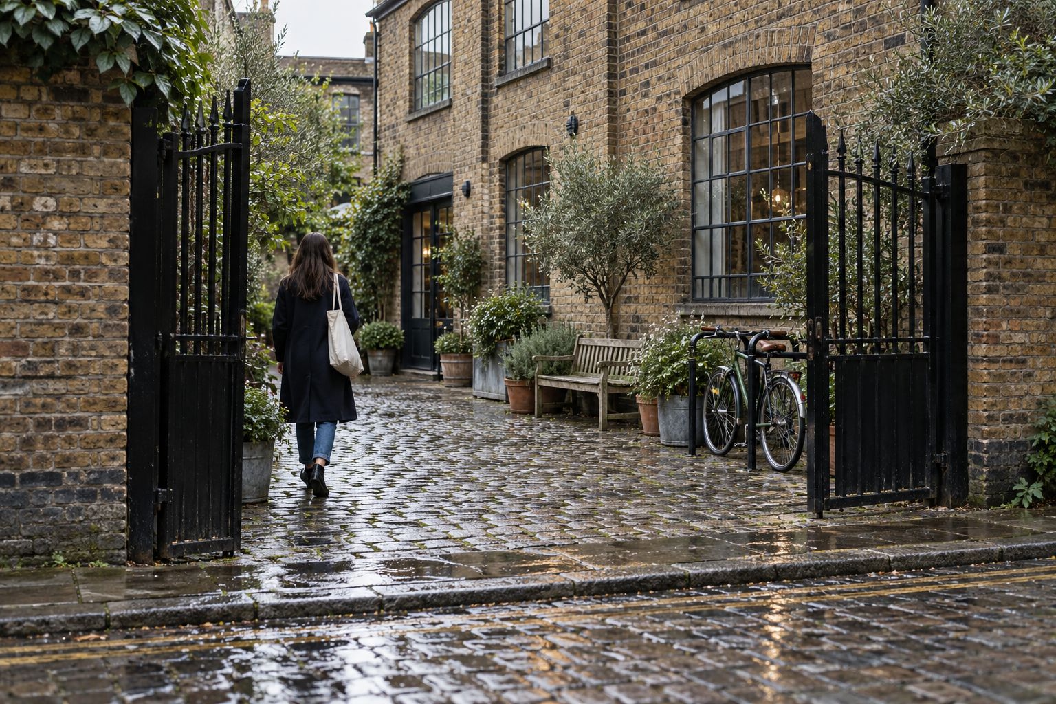 The iron gates and brick warehouse at Hartfield Yard on a rainy afternoon