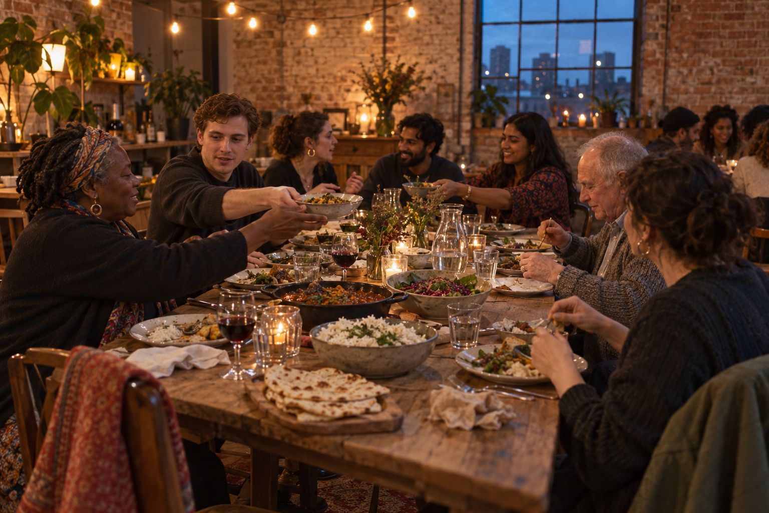 Guests of all ages passing dishes along a long candlelit table at a Cultunio supper club in a Brooklyn warehouse