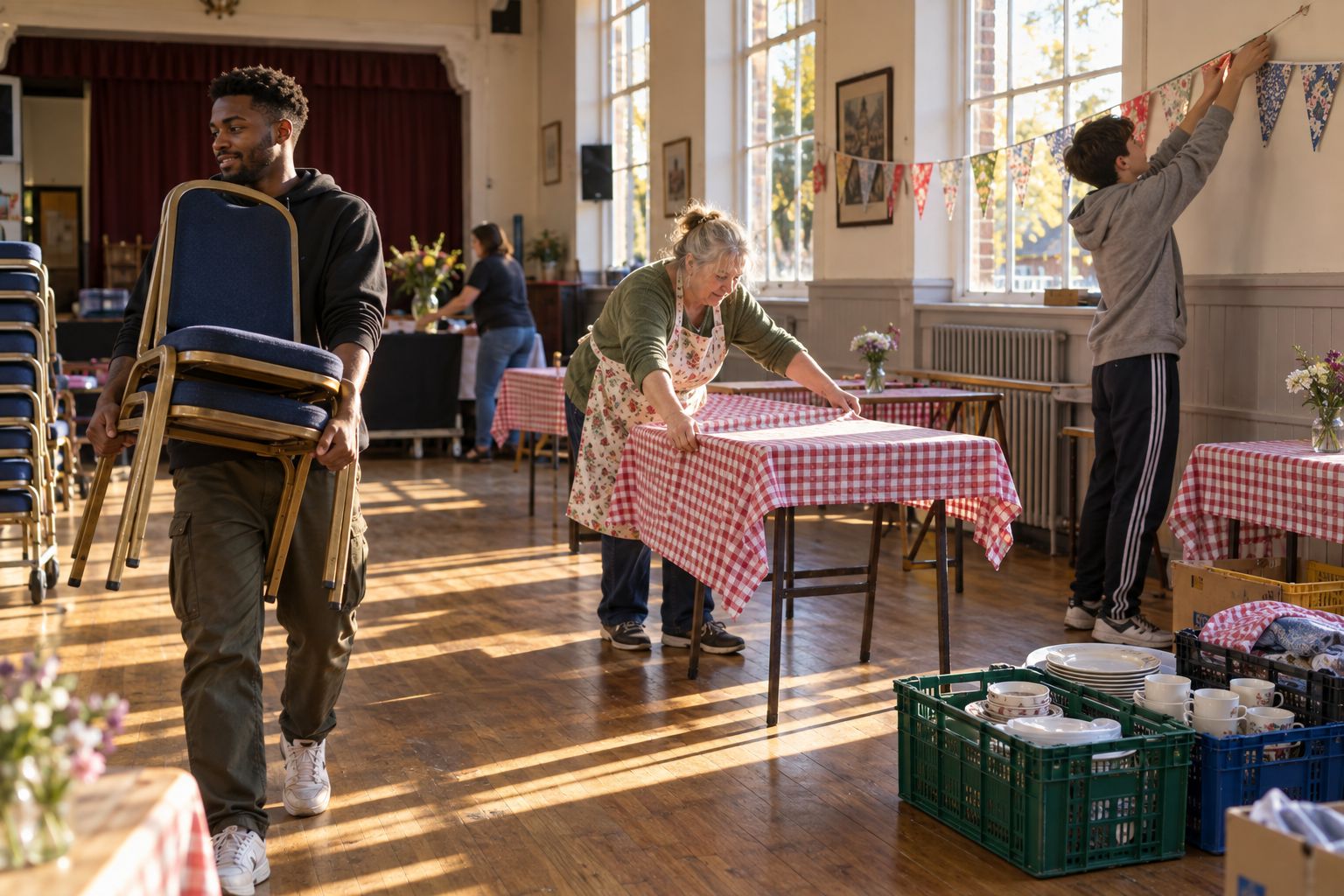 Volunteers setting out chairs, gingham tablecloths and bunting in a sunlit community hall