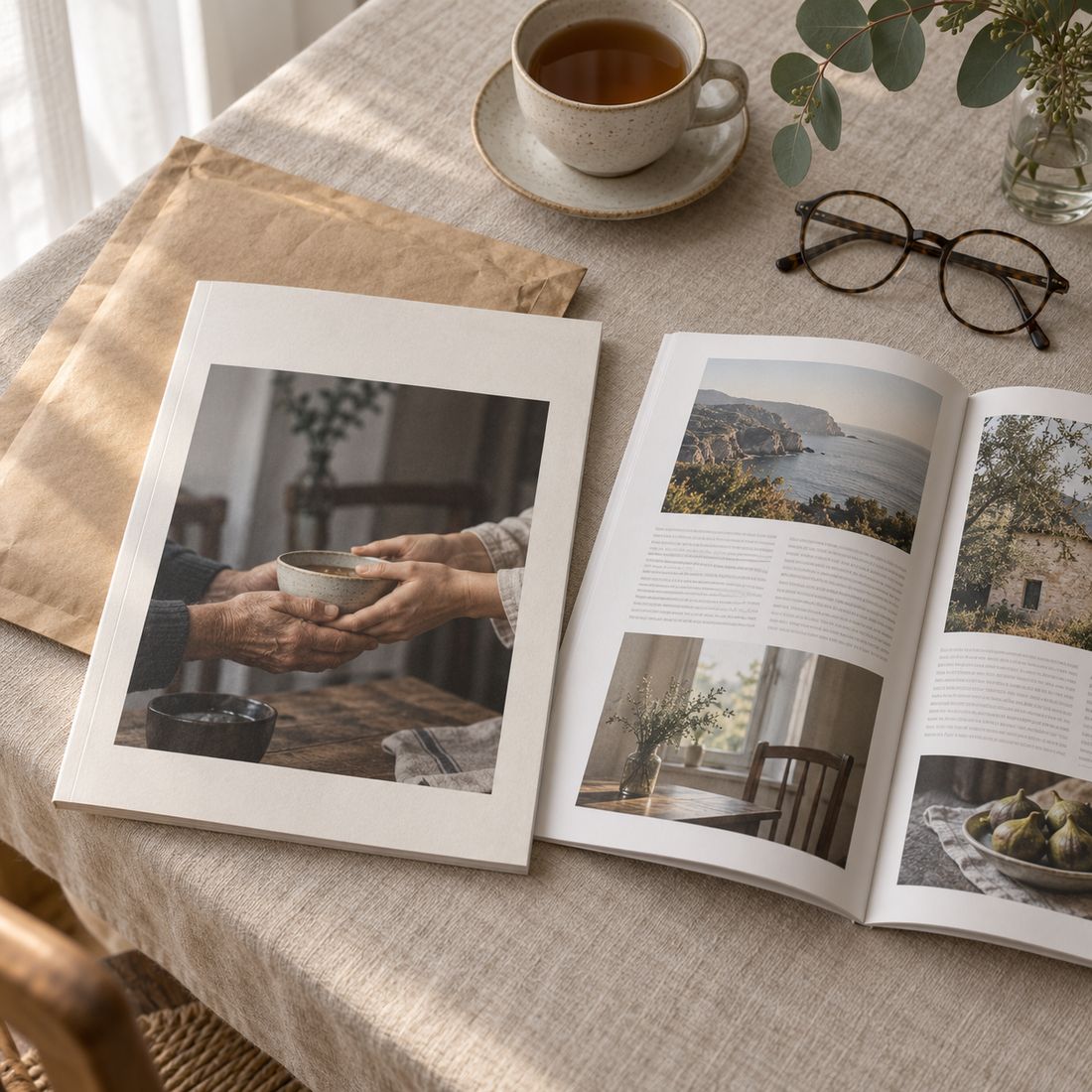 Two copies of the Cultunio Journal on a table with tea and reading glasses
