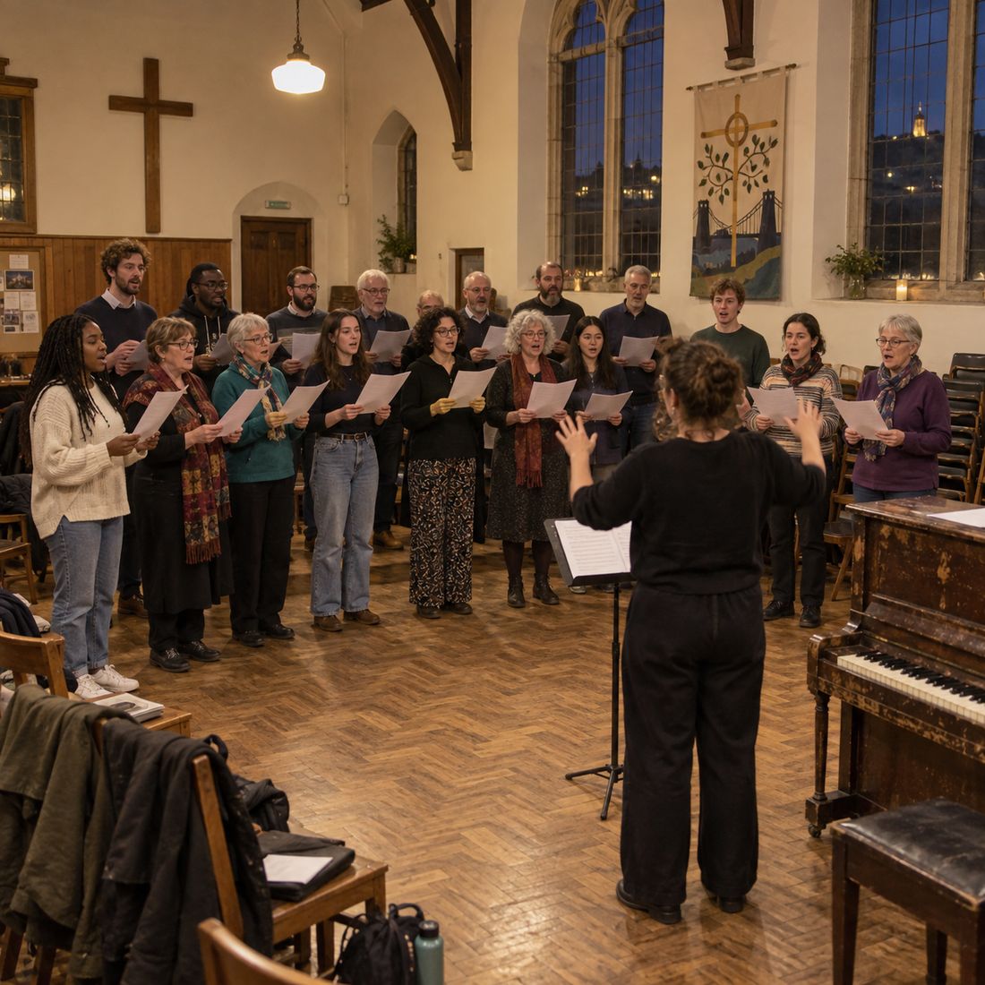 A community choir rehearsing in a church hall with a conductor in front