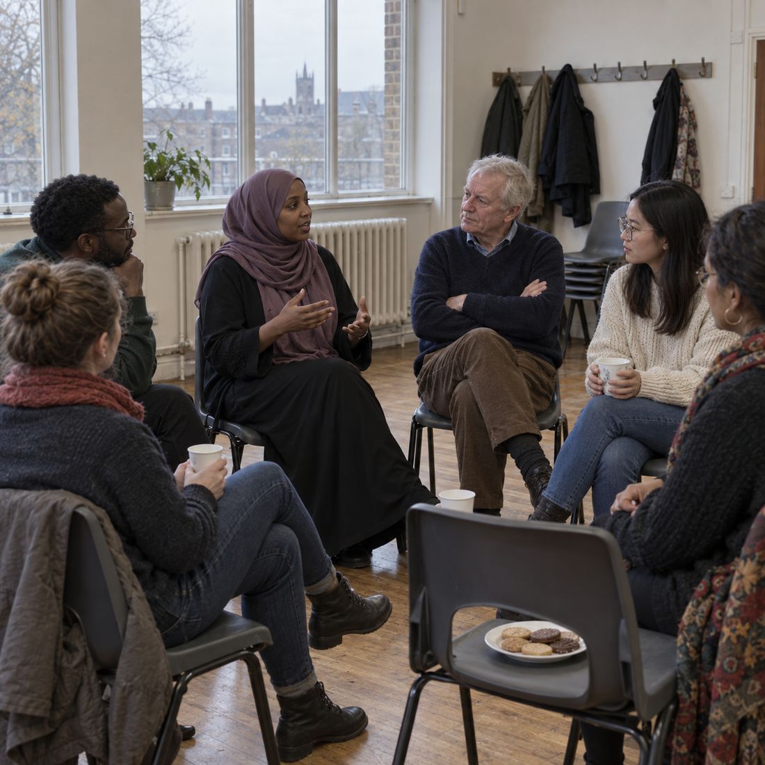 Six adults talking in a circle of chairs in a community room