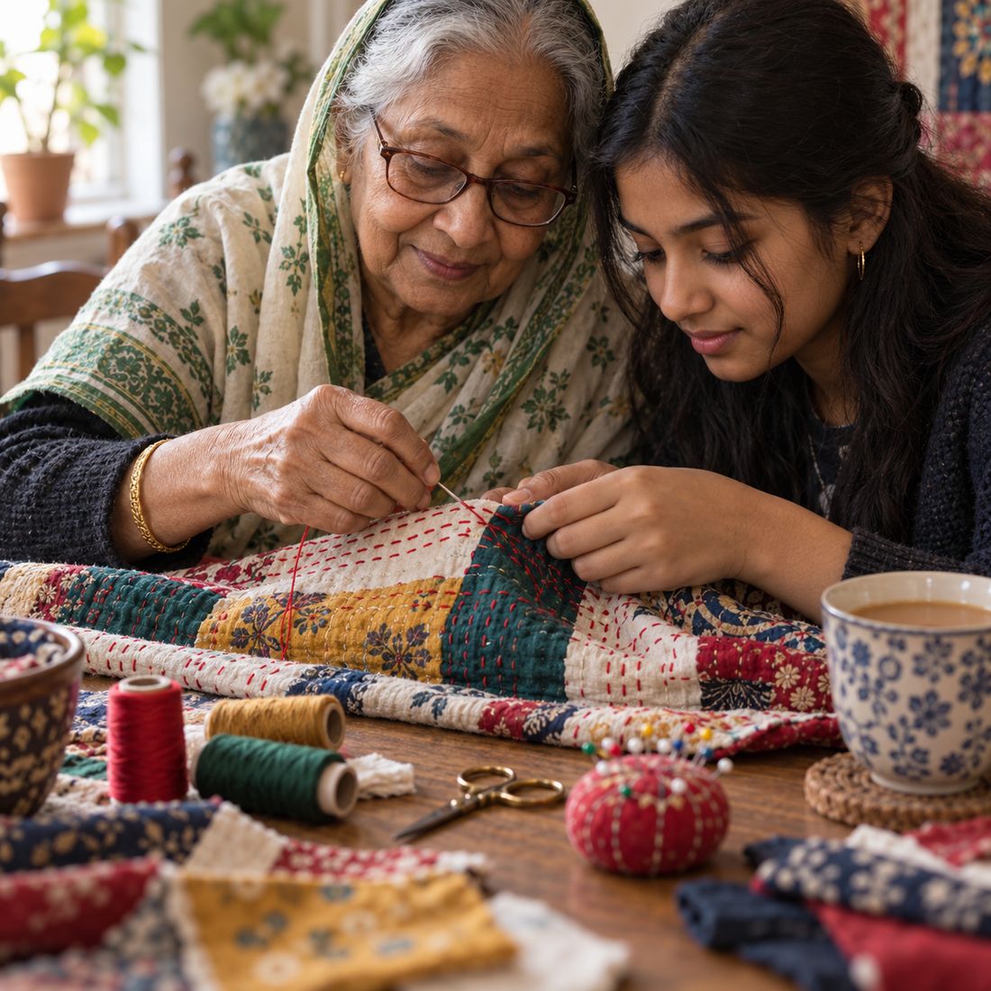 A grandmother guiding a teenage girl's hands as they stitch a kantha quilt