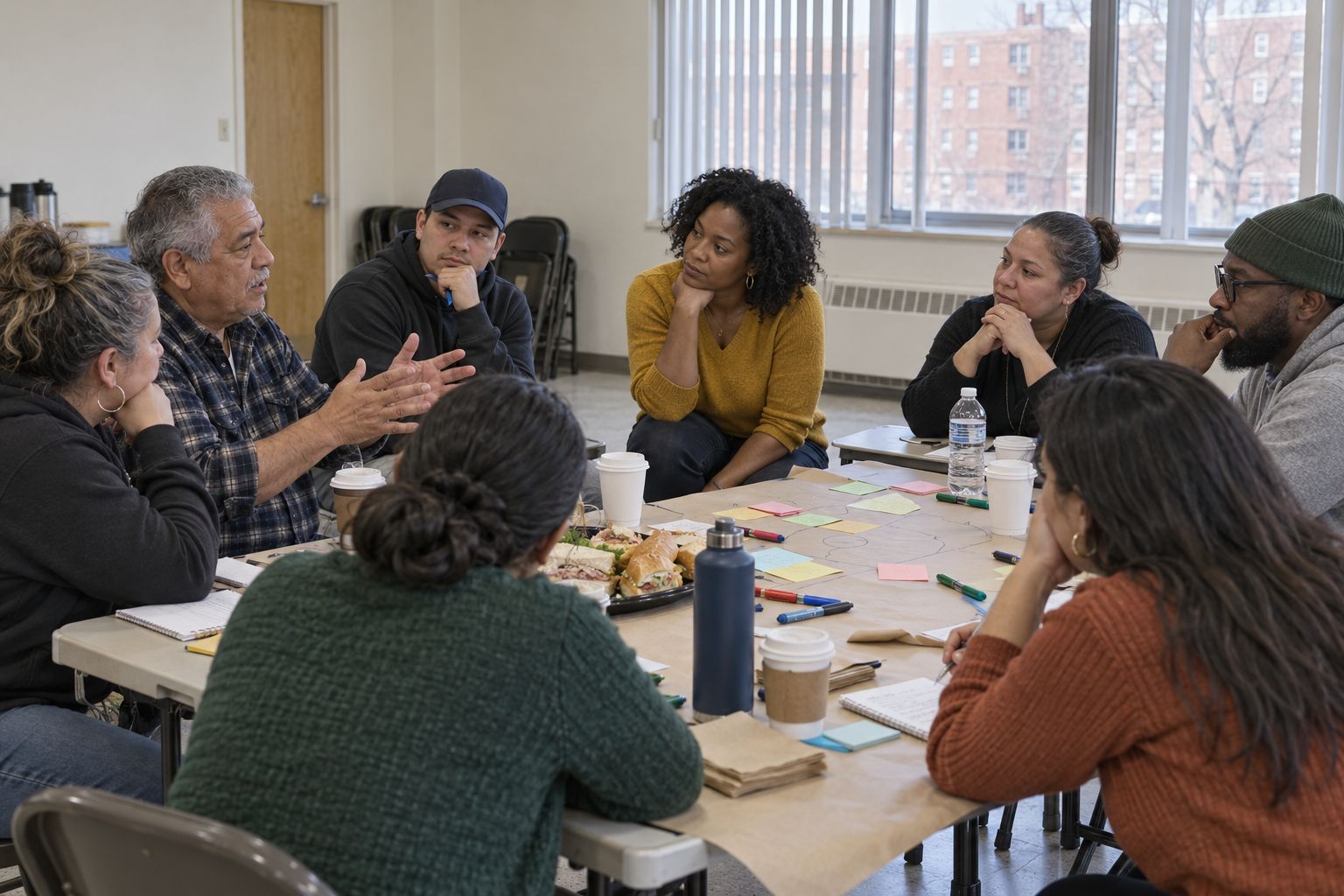 A facilitator kneeling beside a table to listen during a tenants' association workshop