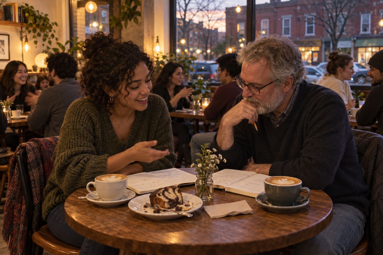 Two people with notebooks and coffee practicing a language in a busy Queens cafe