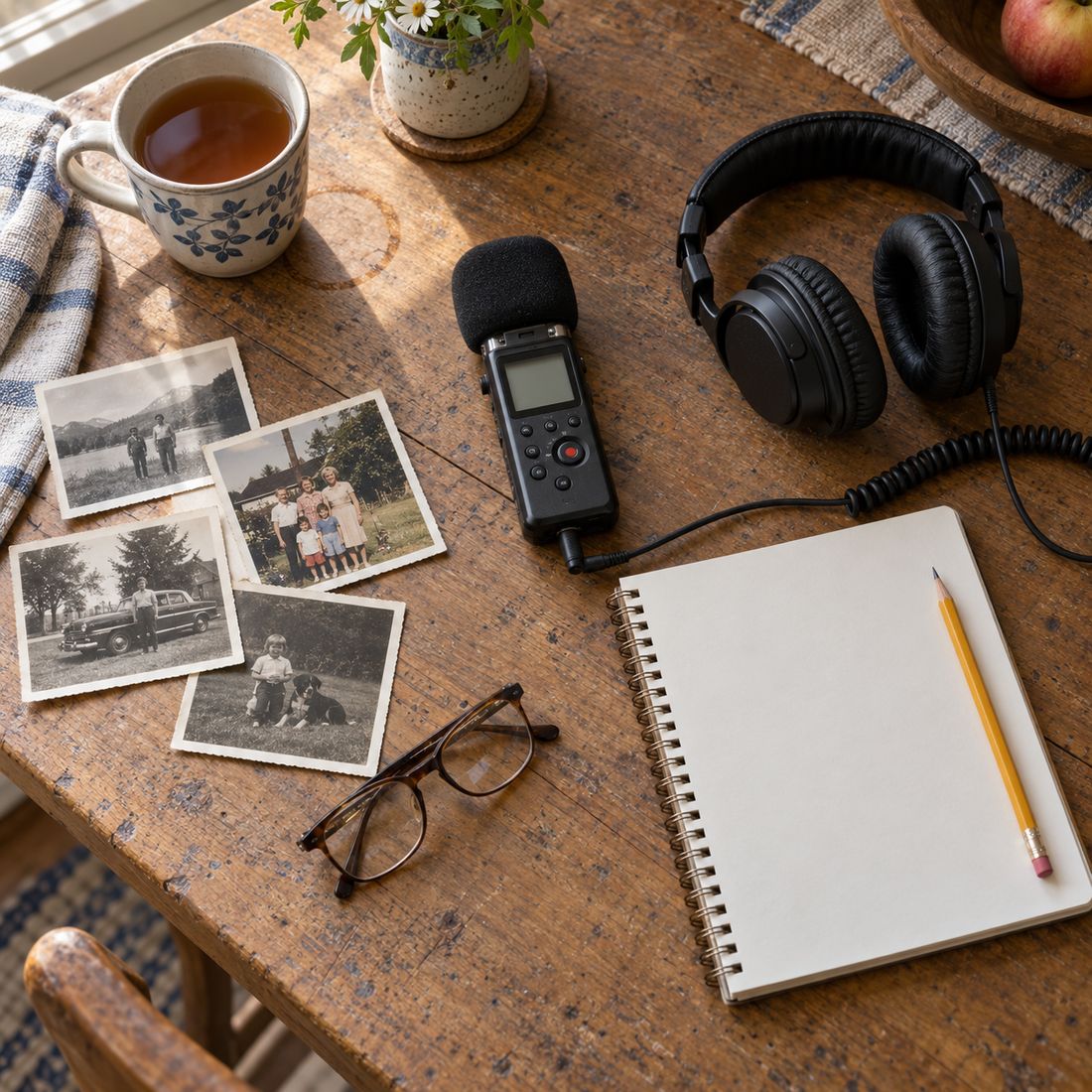 An audio recorder, headphones, a notebook and old family photographs on a kitchen table