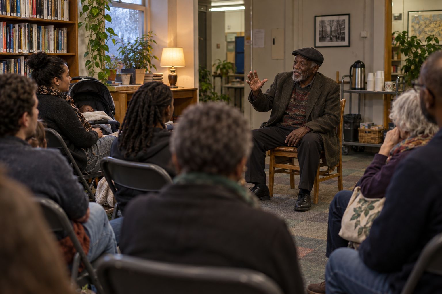 An older man telling a story to a listening audience in a library meeting room