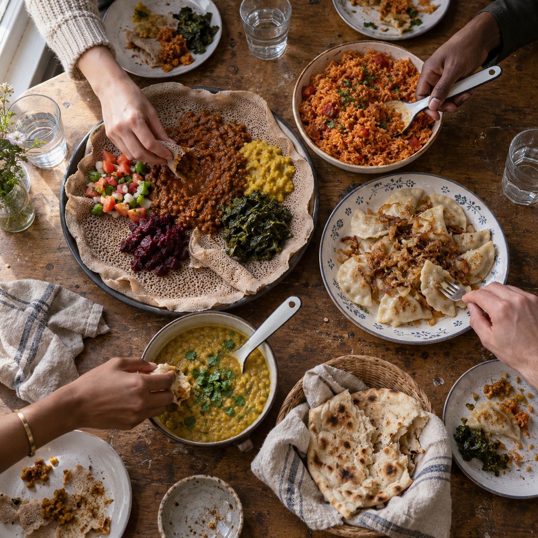 Hands reaching across a table of injera, jollof rice, pierogi and dal