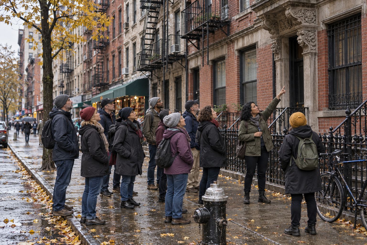 A guide pointing up at a tenement cornice while a group of walkers listens on the Lower East Side