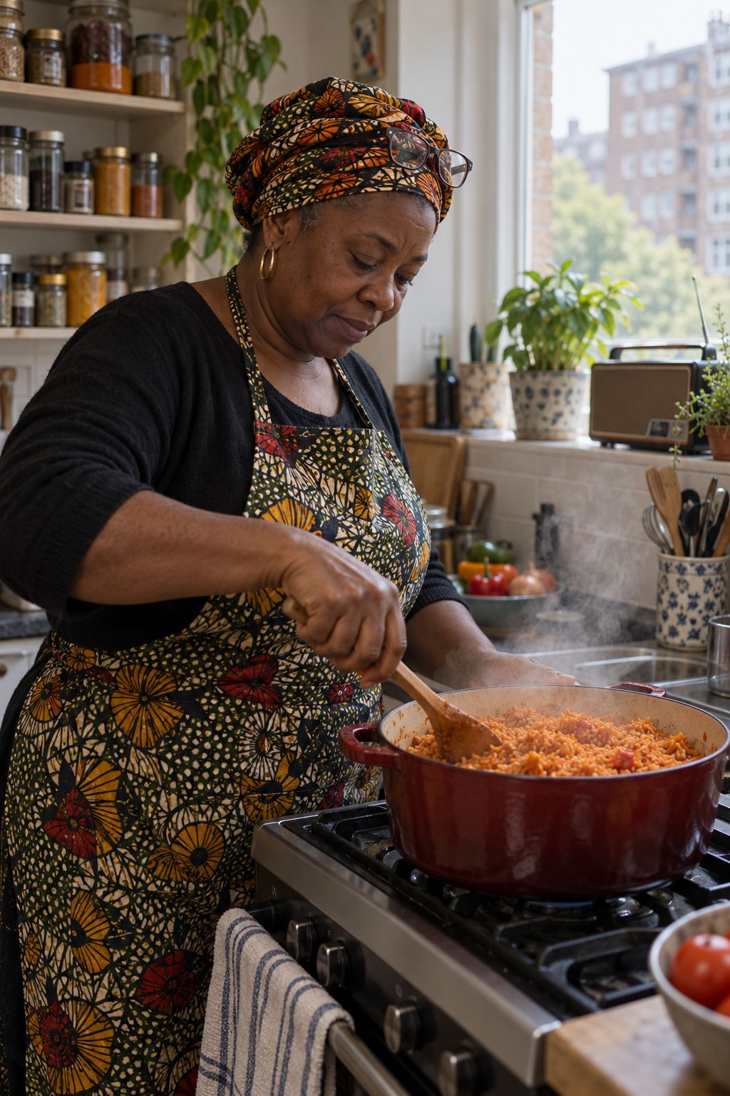 Amara stirring a pot of jollof rice in her Flatbush kitchen