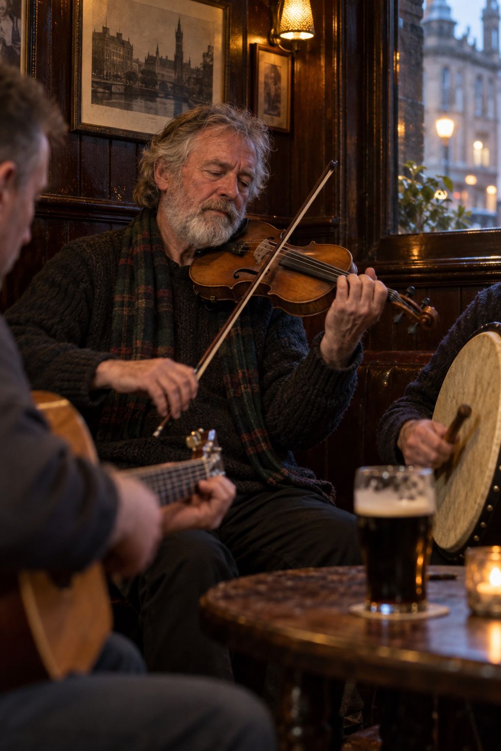 Callum Fraser playing the fiddle at a folk session in a wood-paneled bar