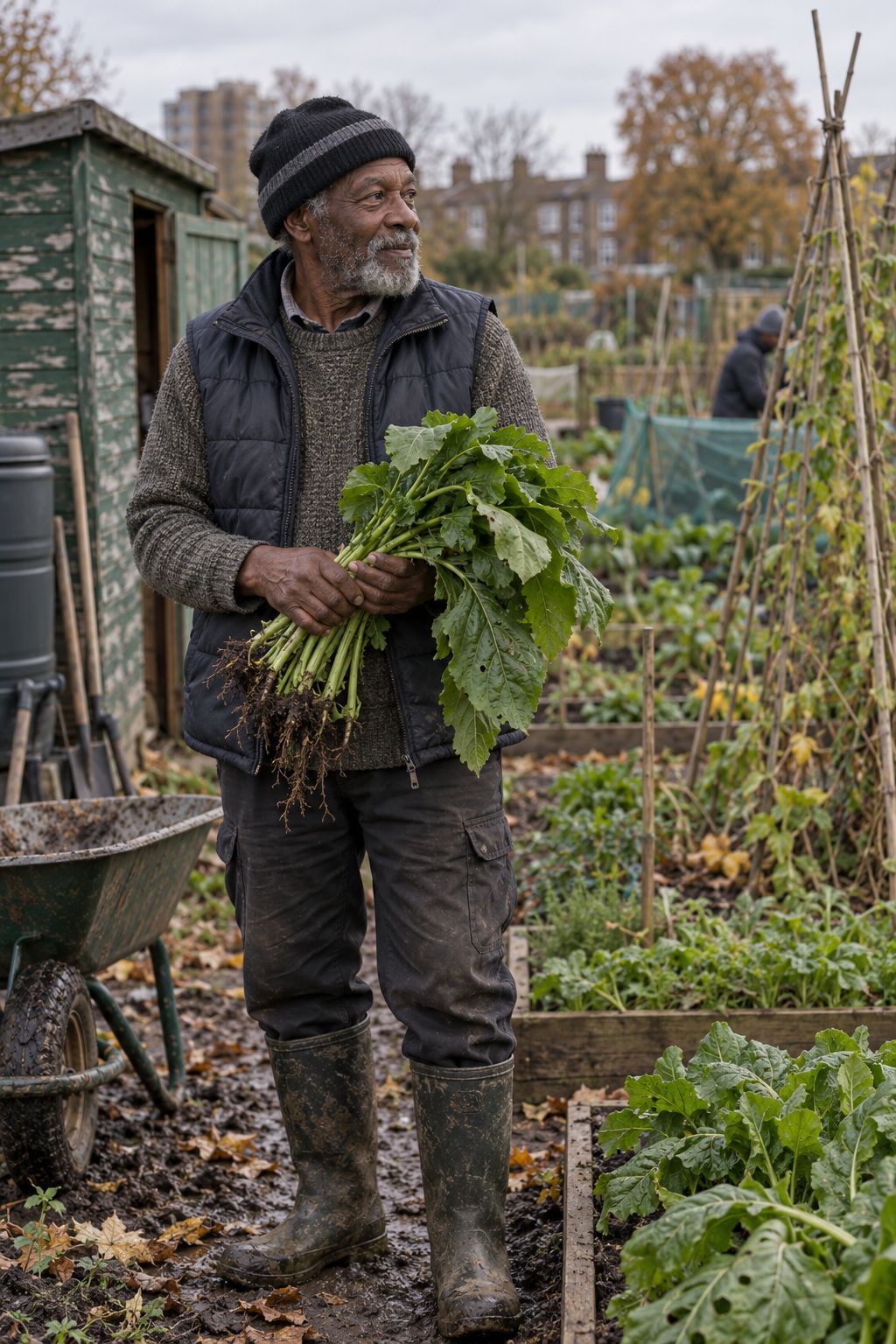 Desmond holding freshly picked callaloo in his community garden plot