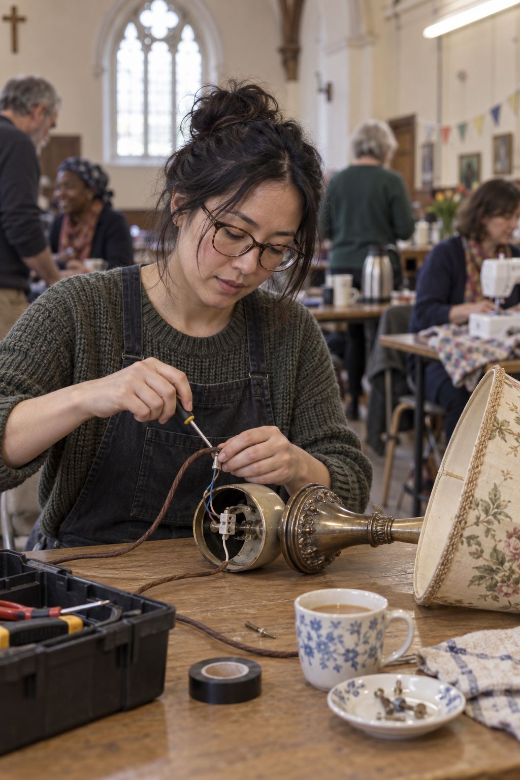 Mei Lin rewiring a vintage table lamp at a community repair cafe