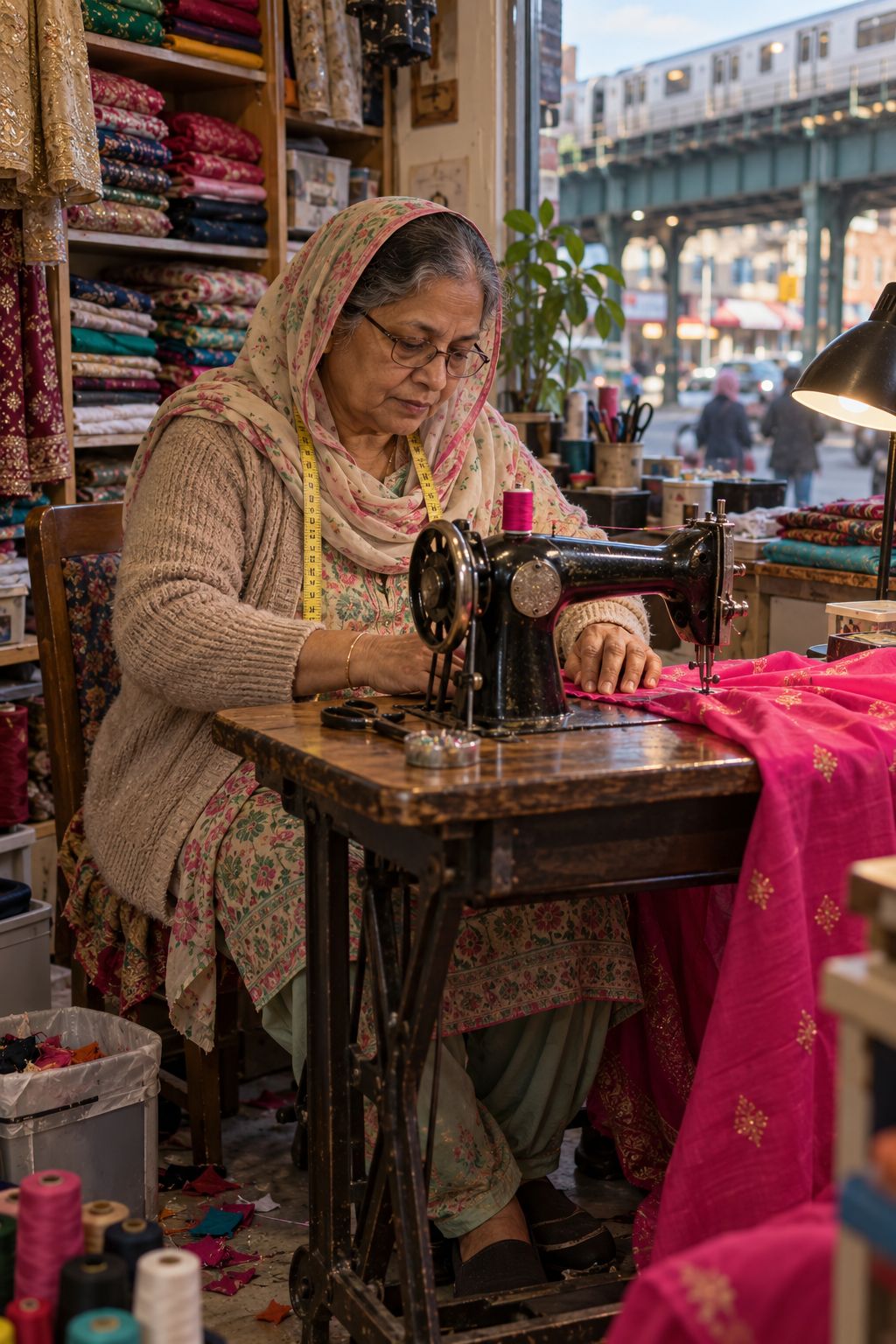 Rukhsana sewing bright fabric on an old black sewing machine in her Queens shop
