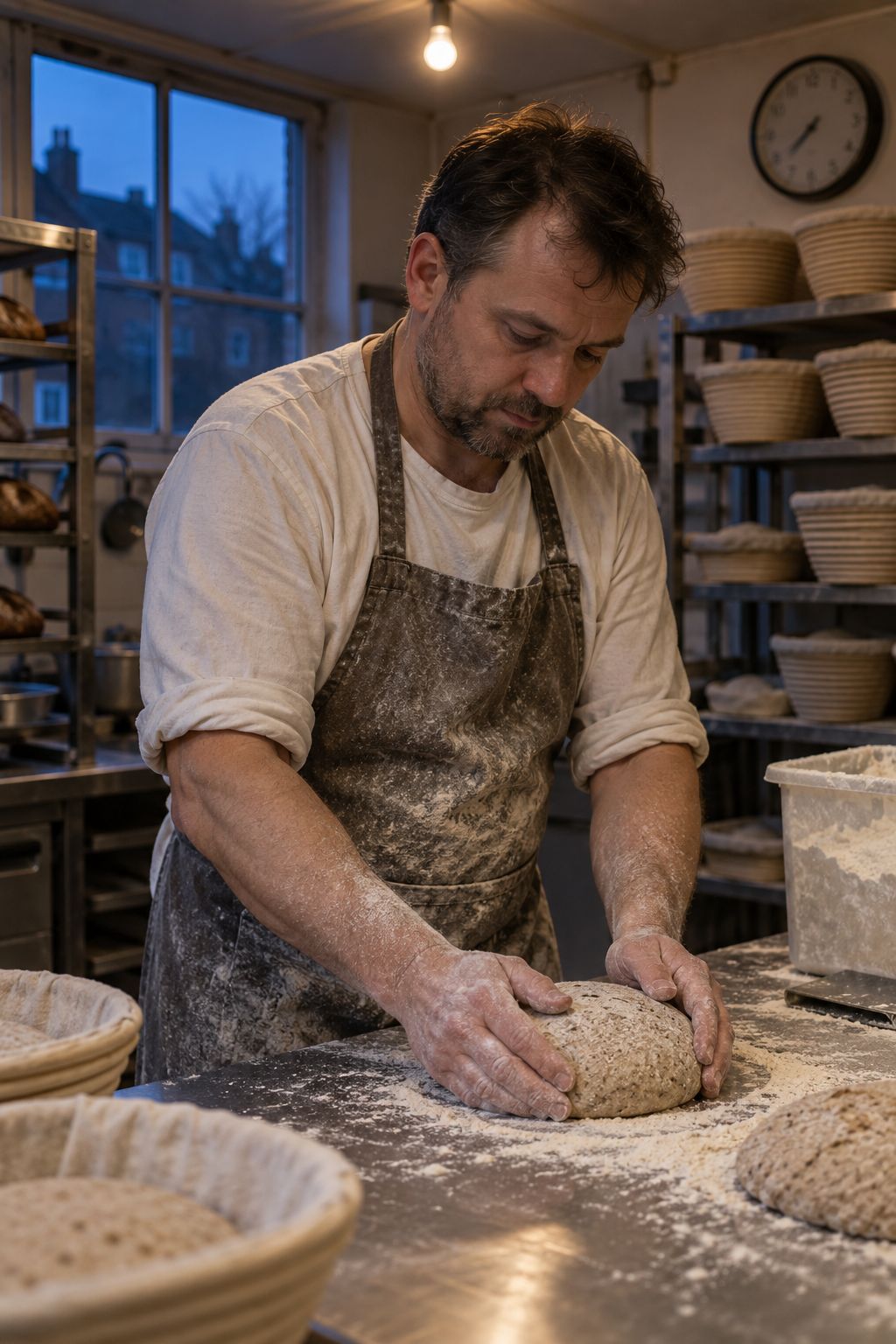Tomasz Wiśniewski shaping rye dough in his Greenpoint bakery before dawn