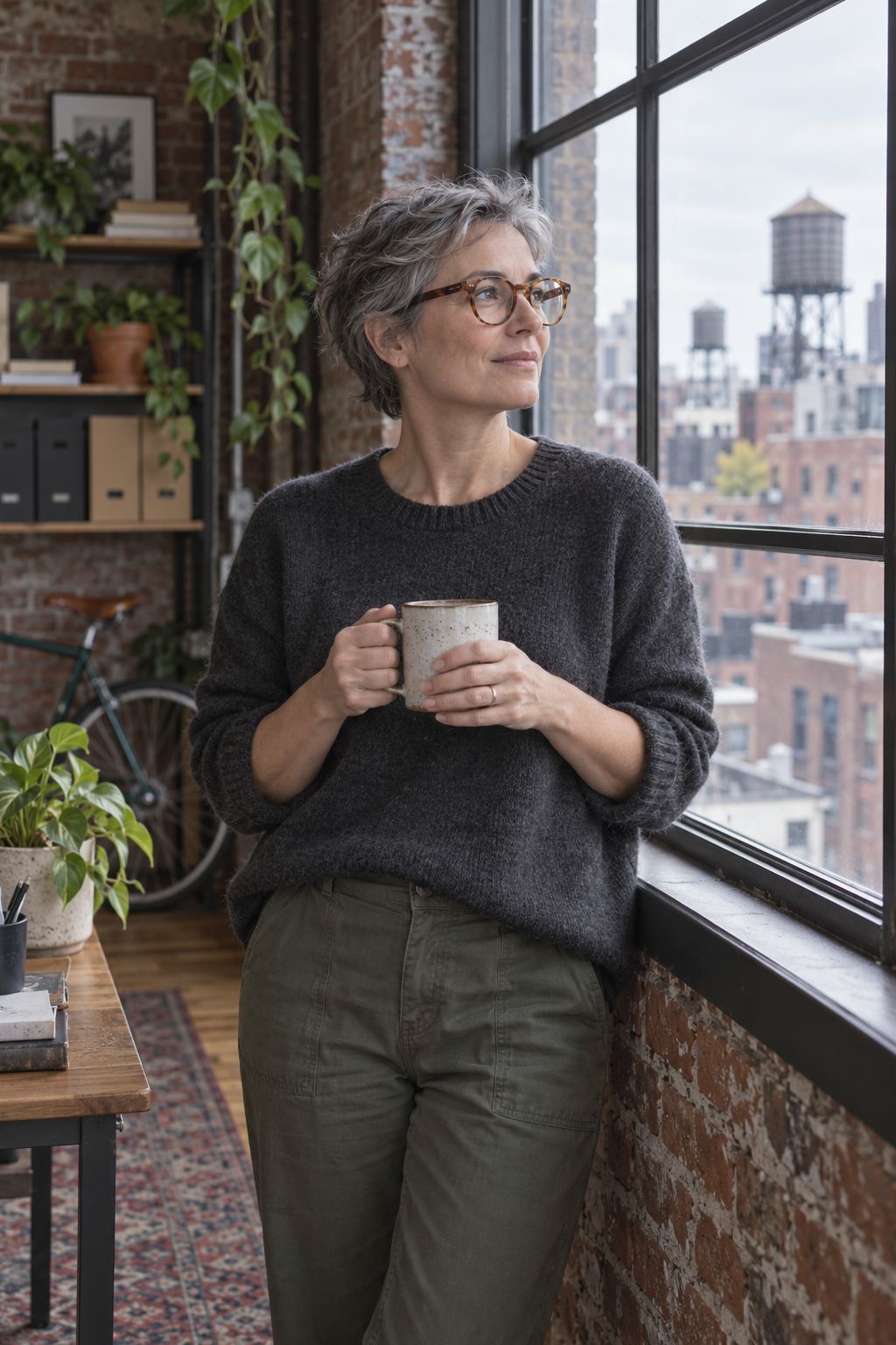 Eleanor Whitlock, founder of Cultunio, by a warehouse window holding a mug
