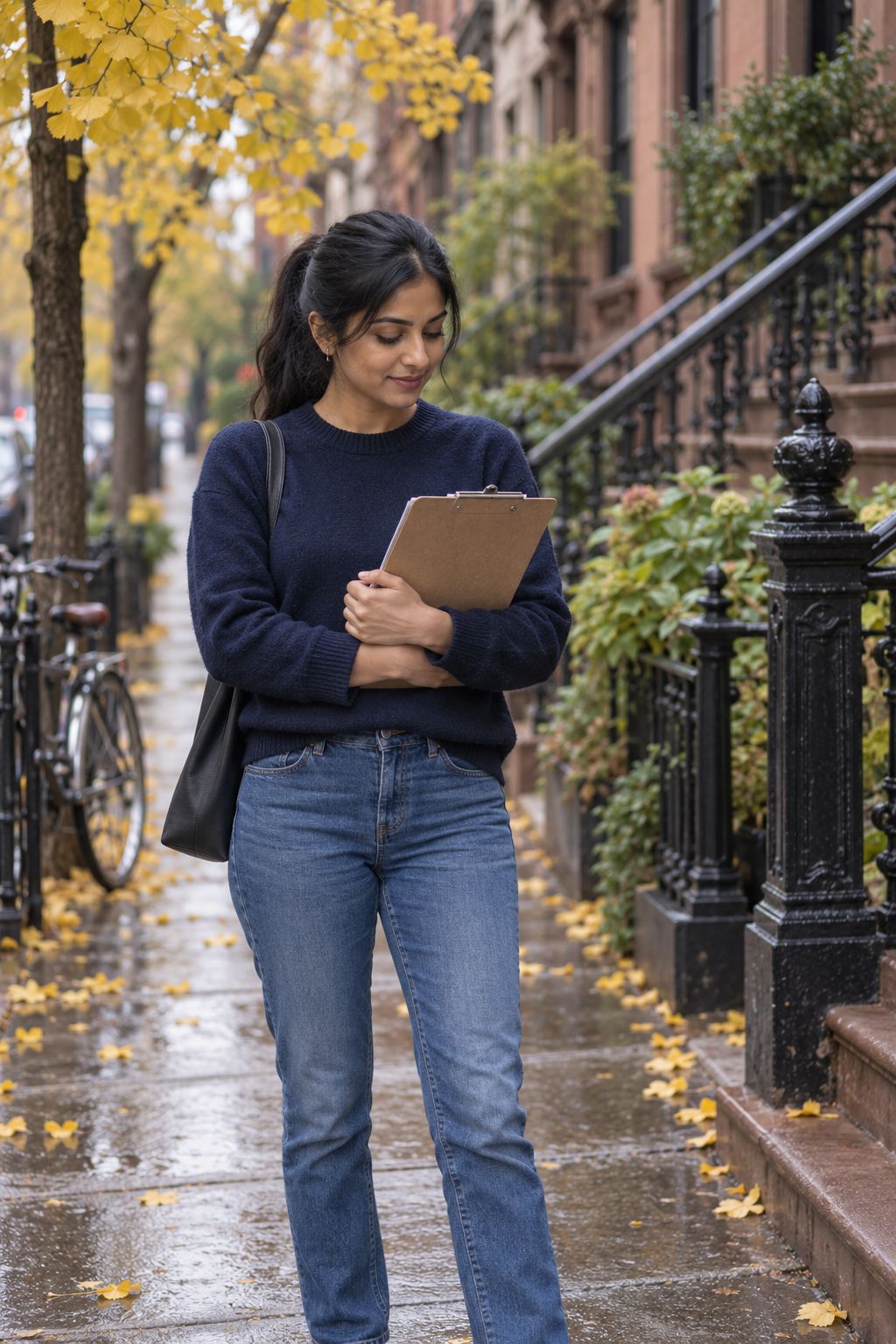 Priya Nair, editor of the Cultunio Journal, holding a clipboard outside a Brooklyn brownstone