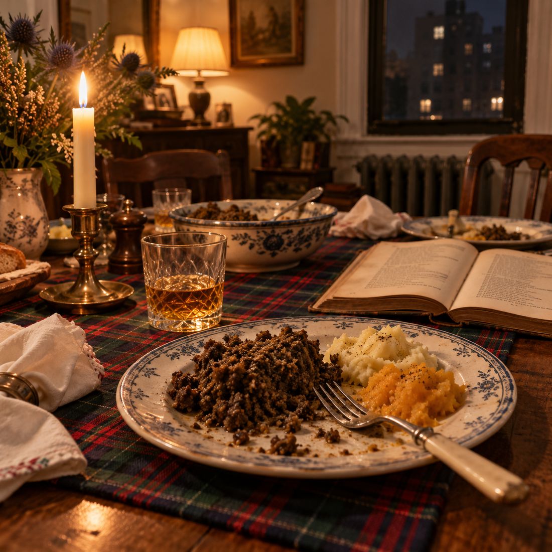 A plate of haggis, neeps and tatties with a glass of Scotch by candlelight