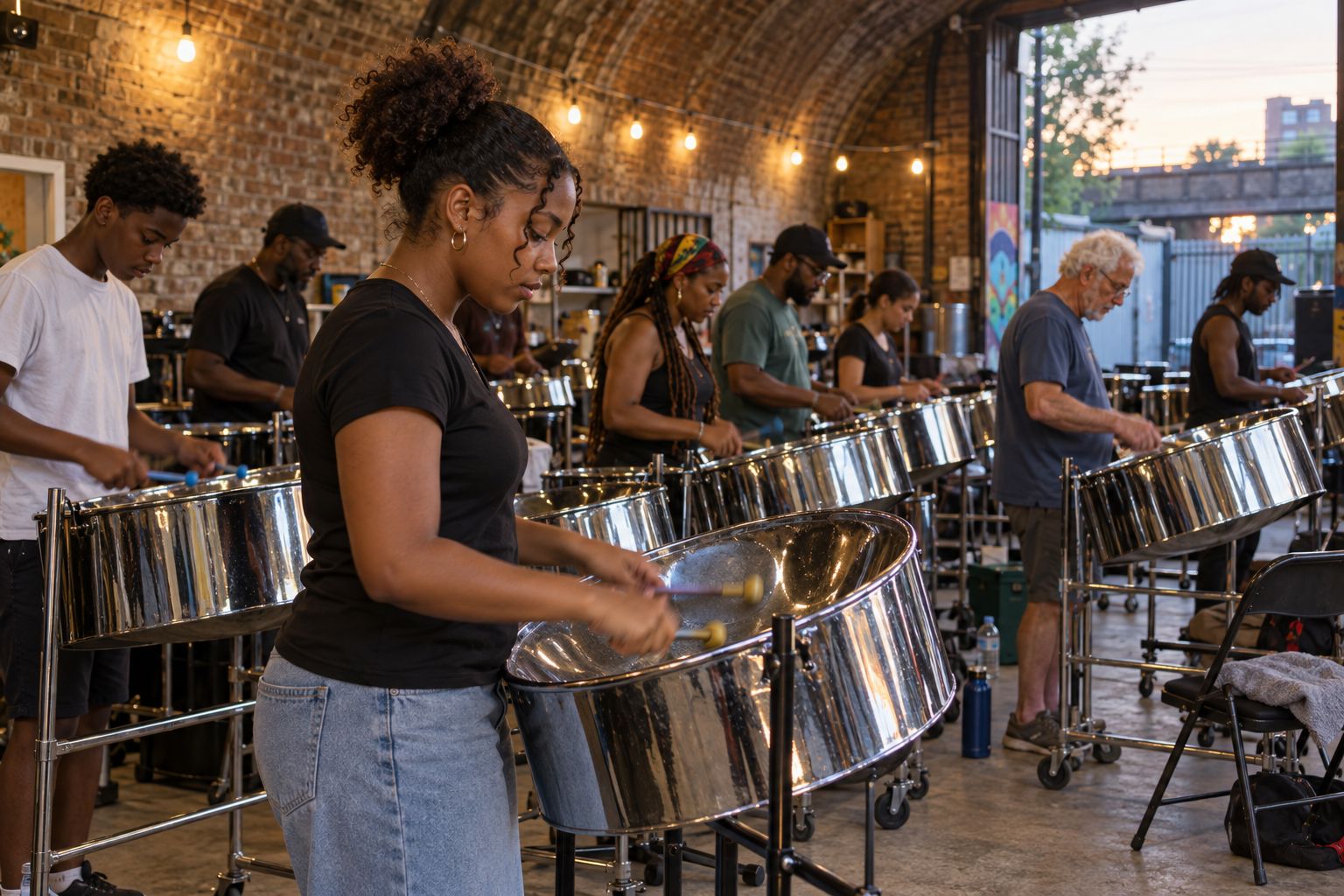 Steel pan players rehearsing in a panyard on a summer evening