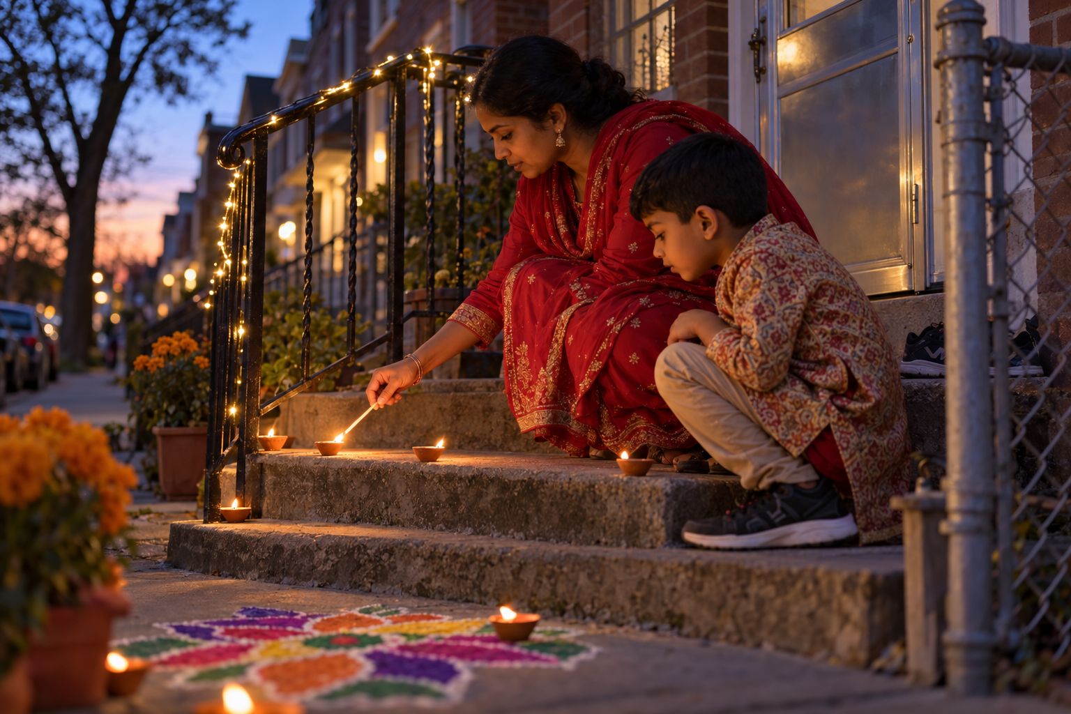 A mother and son lighting clay diyas on the stoop of a Queens house at dusk