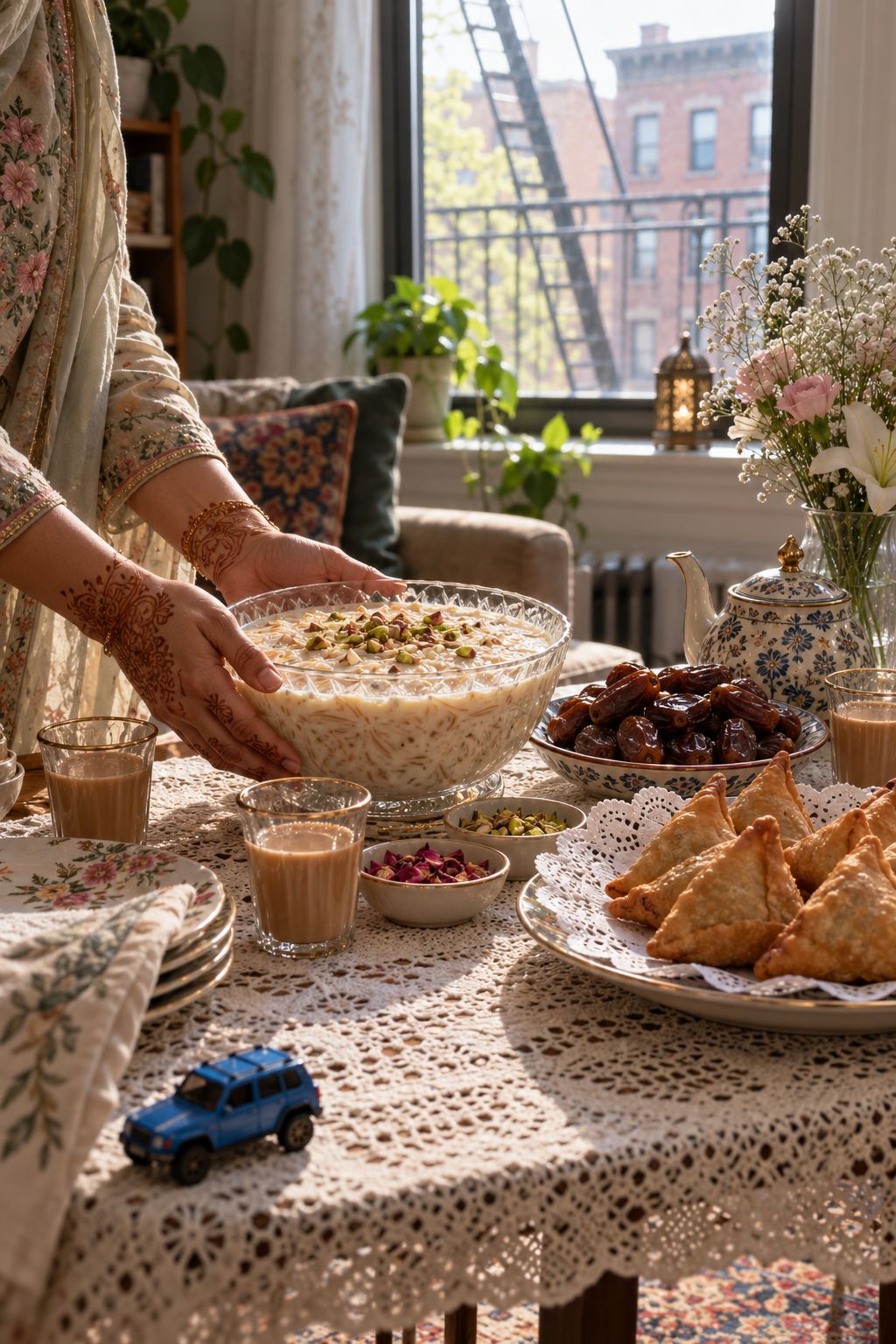 An Eid breakfast table with dates, sheer khurma, samosas and chai in a Brooklyn apartment