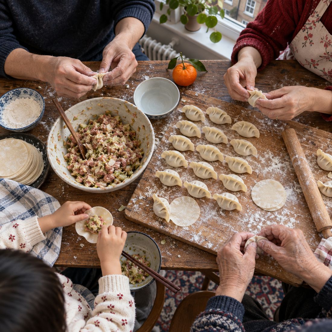 Several pairs of hands folding dumplings on a floured wooden board