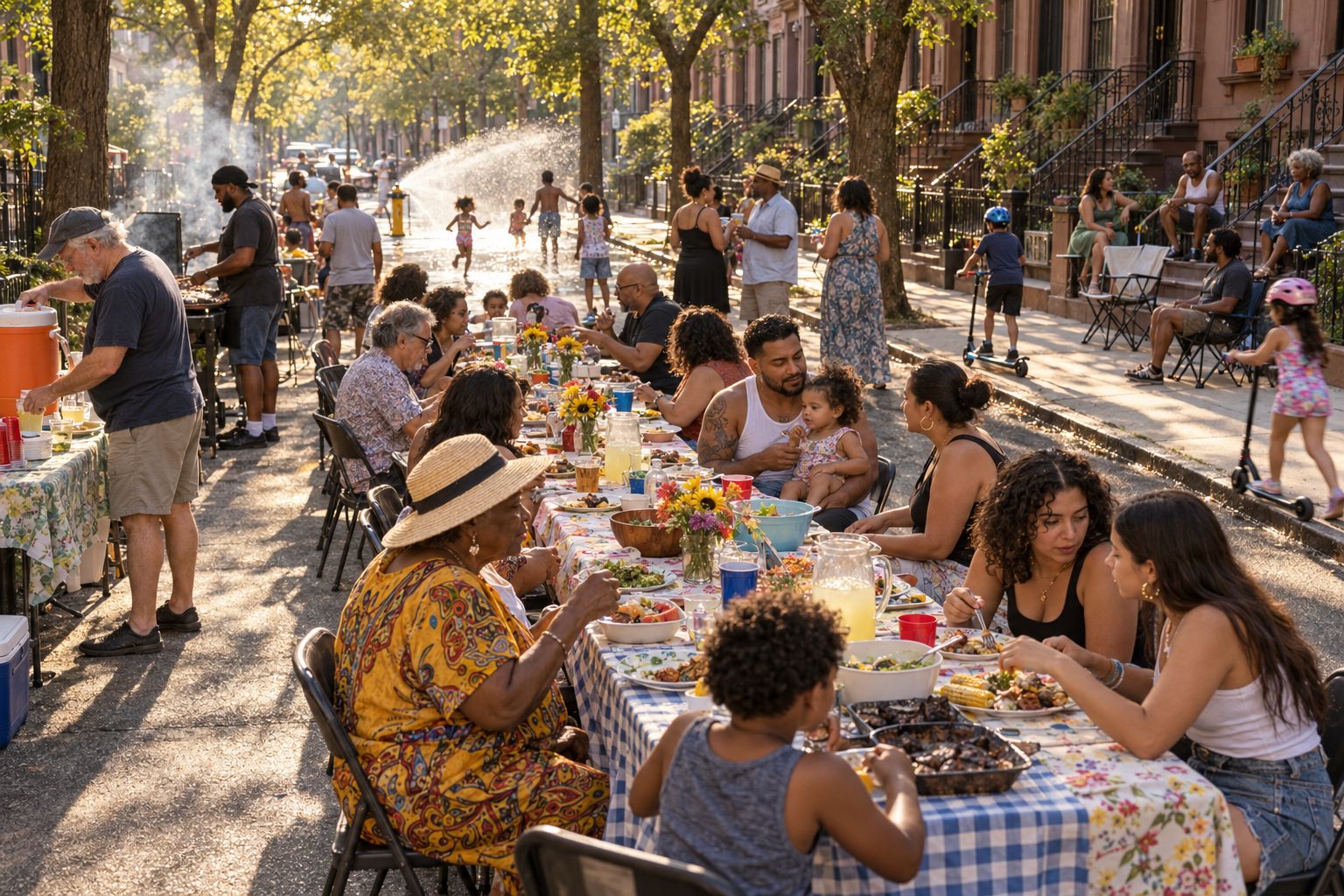 Neighbors of all ages sharing food at long tables down the middle of a Brooklyn brownstone street during a summer block party