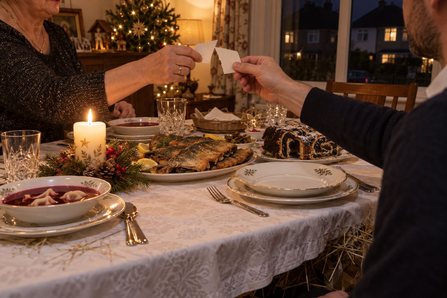 Two people breaking a white wafer over a Polish Christmas Eve table set with barszcz and carp